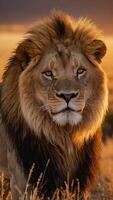 schließen oben Aussicht von ein majestätisch männlich Löwe gebadet im das warm glühen von ein Rahmen Sonne im das riesig afrikanisch Savanne foto