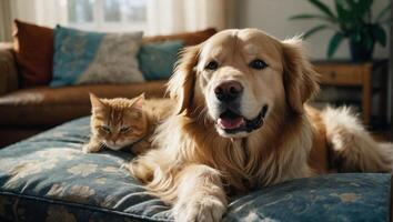 flauschige golden Retriever und ein Katze ruhen anmutig auf ein komfortabel Couch im ein Leben Zimmer foto