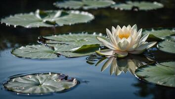 Lotus Wasser Lilie schwebend auf das Ruhe Oberfläche von ein still Teich foto