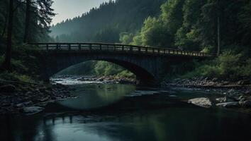 groß Brücke Bögen Über das Fluss mit Kristall klar Wasser im das dicht Grün Wald foto