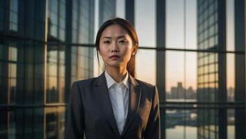 asiatisch Frau im ein Geschäft passen steht benachbart zu ein expansiv Geschäft Center mit hoch aufragend Glas Wände foto