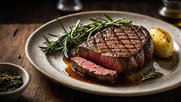 gut gegrillt saftig Rindfleisch Steak mit Gewürze und Kräuter foto