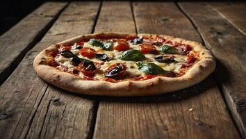 frisch gebacken Italienisch Pizza mit Tomaten und Oliven auf hölzern Tabelle schließen oben Aussicht foto