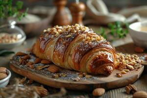 Mandel Croissant Belag mit Nüsse serviert auf hölzern Tafel. Französisch Frühstück foto