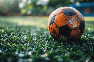 Fußball Ball ruht auf das Grün Gras von das Feld mit das Weiß Grenze Linie im Vordergrund, verkörpern das Geist von das Spiel foto