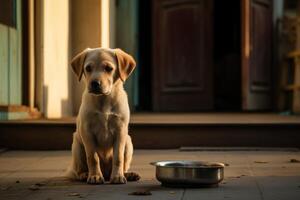 ein Hund ist warten zu Sein gefüttert im Vorderseite von das Haus foto