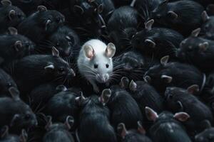 Weiß Maus im ein groß Gruppe von schwarz Nagetiere foto