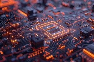 Komplex Schaltkreis Planke, illustrieren das Integration von künstlich Intelligenz Technologie mit elektronisch Hardware. foto