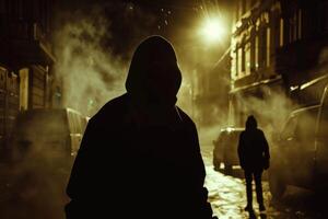 gefährlich kriminell. Silhouette von Banditen, Kriminelle mit ein unkenntlich Gesicht im bedrohlich Pose beim Nacht auf dunkel Straße. foto