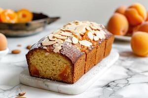 Pfund Kuchen mit zersplittert Mandeln auf Spitze, Aprikosen im Hintergrund, auf ein Weiß Marmor Hintergrund foto