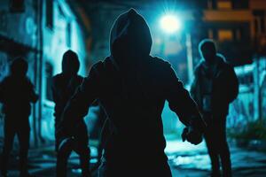 gefährlich kriminell. Silhouette von Banditen, Kriminelle mit ein unkenntlich Gesicht im bedrohlich Pose beim Nacht auf dunkel Straße. foto