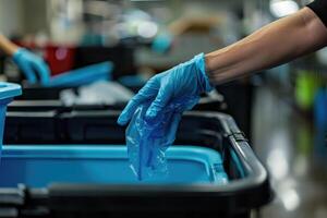 schließen oben von weiblich Reiniger im Handschuhe werfen Müll von Müll können in Plastik Eimer während foto