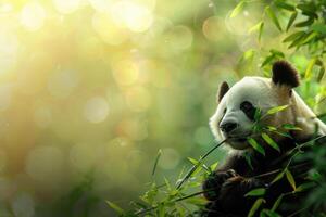 Panda Kauen Bambus im Bambus Wald auf verschwommen Hintergrund foto