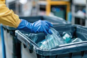 schließen oben von weiblich Reiniger im Handschuhe werfen Müll von Müll können in Plastik Eimer während foto