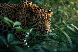 Kopf von ein Jaguar unter das Blätter im das Dschungel, Panthera onca. foto