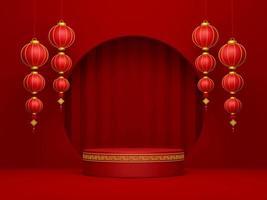 3D-Darstellung des Podiums mit chinesischer Laterne, frohes chinesisches neues Jahr
