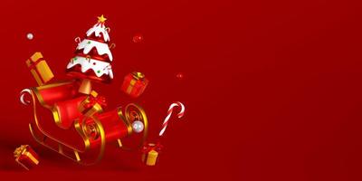 3D-Darstellung-Banner von Schlitten mit Weihnachtsschmuck auf rotem Hintergrund foto