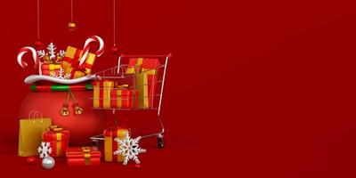 Weihnachtsbanner-Werbung für Weihnachts- und Neujahrsverkaufs-Einkaufswagen mit Weihnachtstasche, 3D-Darstellung foto