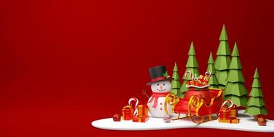 Weihnachtsbanner von Schneemann und Schlitten mit Geschenken, 3D-Darstellung foto