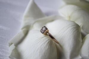 golden Ring auf Weiß Blütenblätter von Rosen. foto