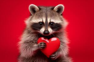 glücklich Valentinstag Tag, Valentinsgrüße Tag, Liebe, Feier Konzept Gruß Karte mit Text - - süß Waschbär halten ein rot Herz , isoliert auf rot Hintergrund foto