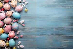 Ostern Urlaub Feier Banner Gruß Karte Banner - - Rahmen gemacht von gemalt Ostern Eier auf Blau hölzern Tabelle Textur, oben Sicht, eben legen foto