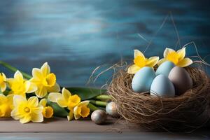 Ostern Urlaub Feier Banner Gruß Karte Banner mit Ostern Eier im ein Vogel Nest Korb und Gelb Narzissen Blumen auf Tabelle foto