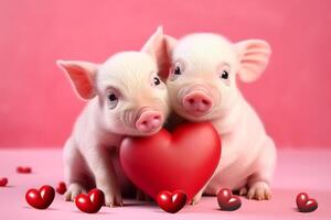 glücklich Valentinstag Tag, Valentinsgrüße Tag, Liebe, Feier Konzept Gruß Karte mit Text - - süß Baby Schweine Paar halten ein rot Herz , isoliert auf Rosa foto