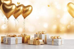 glücklich Valentinstag Tag Liebe oder Geburtstag Feier Urlaub Hintergrund Banner Illustration Gruß Karte - - Gold Herz Luftballons und Gold Weiß Geschenk Kisten auf Tabelle foto