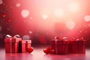 glücklich Valentinstag Tag Valentinstag Liebe oder Geburtstag Feier Urlaub Hintergrund Banner Illustration Gruß Karte - - rot Geschenk Kisten und Herzen auf Tabelle foto