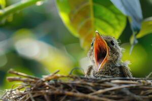 jung Vogel im Nest mit öffnen Mund warten zu Sein gefüttert. foto