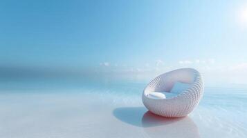 heiter Strand Entspannung mit modern gewebte Salon Stuhl, minimalistisch Design, still Meer Hintergrund zum Wellness, Urlaub, oder Spa Themen foto