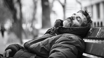 schwarz und Weiß Porträt von ein bärtig obdachlos Mann schlafend auf ein Park Bank, symbolisieren städtisch Armut und Isolierung foto