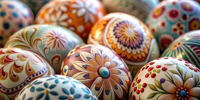 Nahansicht viel von schön gemalt Ostern Eier, schön Blumen- Muster Ostern Eier foto
