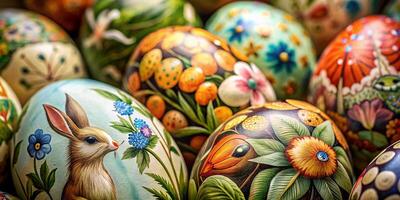 Nahansicht viel von schön gemalt Ostern Eier, schön Blumen- und Fauna Muster Ostern Eier foto