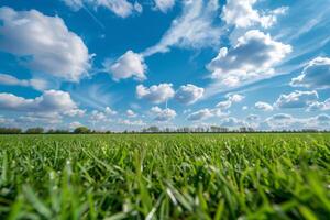 Grün Gras Feld unter wolkig Blau Himmel foto