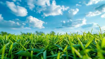 grüne Wiese unter blauem Himmel foto