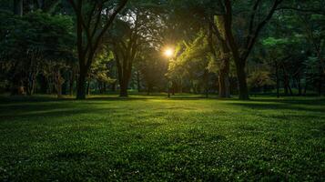 Sonne leuchtenden durch Bäume im Park foto