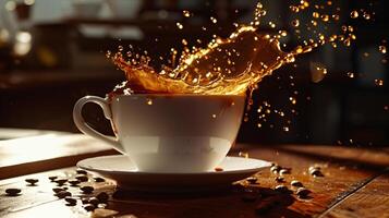 das Flüssigkeit Schönheit von Gießen Kaffee in ein makellos Tasse, gefangen im in der Luft foto