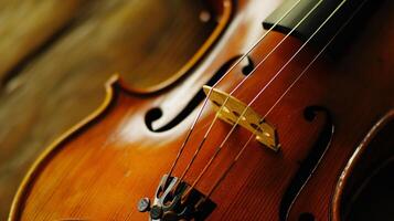 Harmonie von Musical Instrumente, Fokussierung auf das elegant Kurven von ein Violine foto