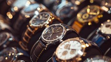 ein Sammlung von stilvoll Armbanduhren, vereinbart worden im ein Muster, Vitrinen das Eleganz von Uhren foto