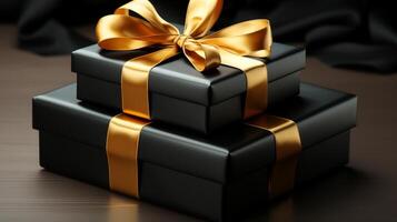 Geschenk Box schwarz mit Gold Bogen zum Besondere feiern Moment Paket foto