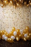 Gold und Weiß Luftballons mit Gold Konfetti fallen Nieder Über schwarz Hintergrund. Neu Jahr, Geburtstag oder Hochzeit Feier generiert.ai foto