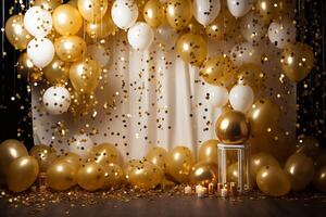 Gold und Weiß Luftballons mit Gold Konfetti fallen Nieder Über schwarz Hintergrund. Neu Jahr, Geburtstag oder Hochzeit Feier generiert.ai foto