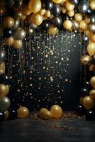 Gold und Weiß Luftballons mit Gold Konfetti fallen Nieder Über schwarz Hintergrund. Neu Jahr, Geburtstag oder Hochzeit Feier generiert.ai foto