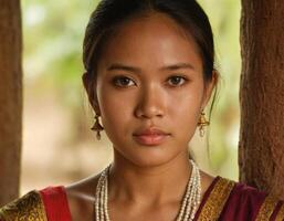 Porträt von ein ethnisch Mädchen tragen Perlen. foto