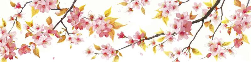 schön Kirsche blühen Baum Ast mit Rosa Blumen und Gelb Blätter auf ein Weiß Hintergrund foto