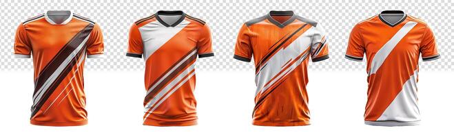 einstellen von Orange Sport T-Shirts mit schwarz und Weiß abstrakt Muster Vorderseite Sicht, foto