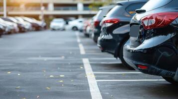 Reihe von geparkt Autos im draussen Parkplatz Menge gebadet im warm Sonnenlicht mit selektiv Fokus foto