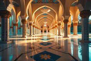 Moschee Innere mit schön Boden, Säulen und Decke, Sonnenschein Kommen obwohl das Hintergrund foto